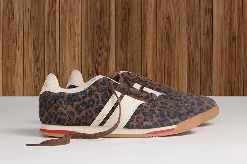 A side view of the Revival Leopard Suede in dark brown.
